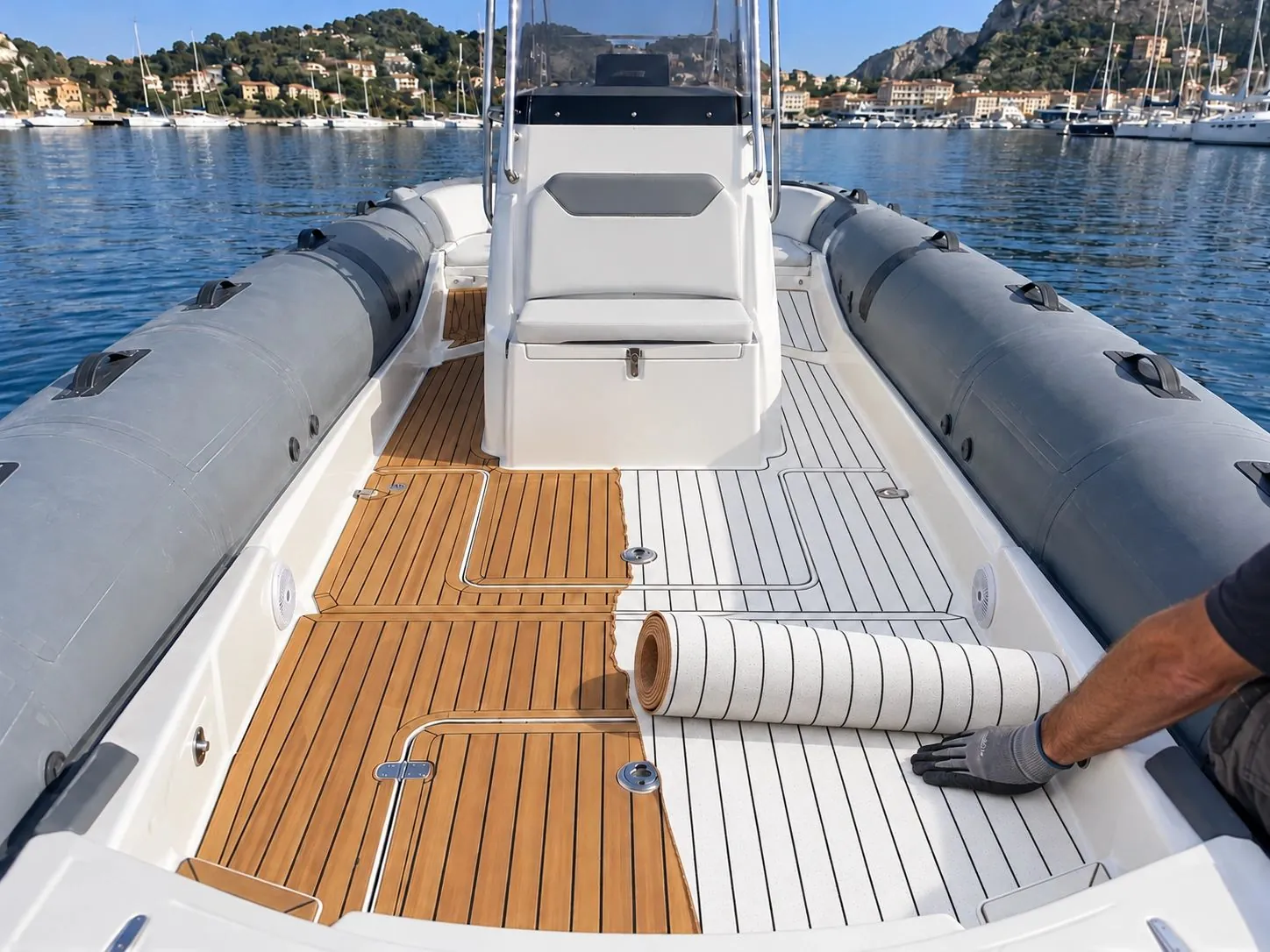 During roll installation: Walking surfaces, side decks and boarding platforms of the inflatable boat