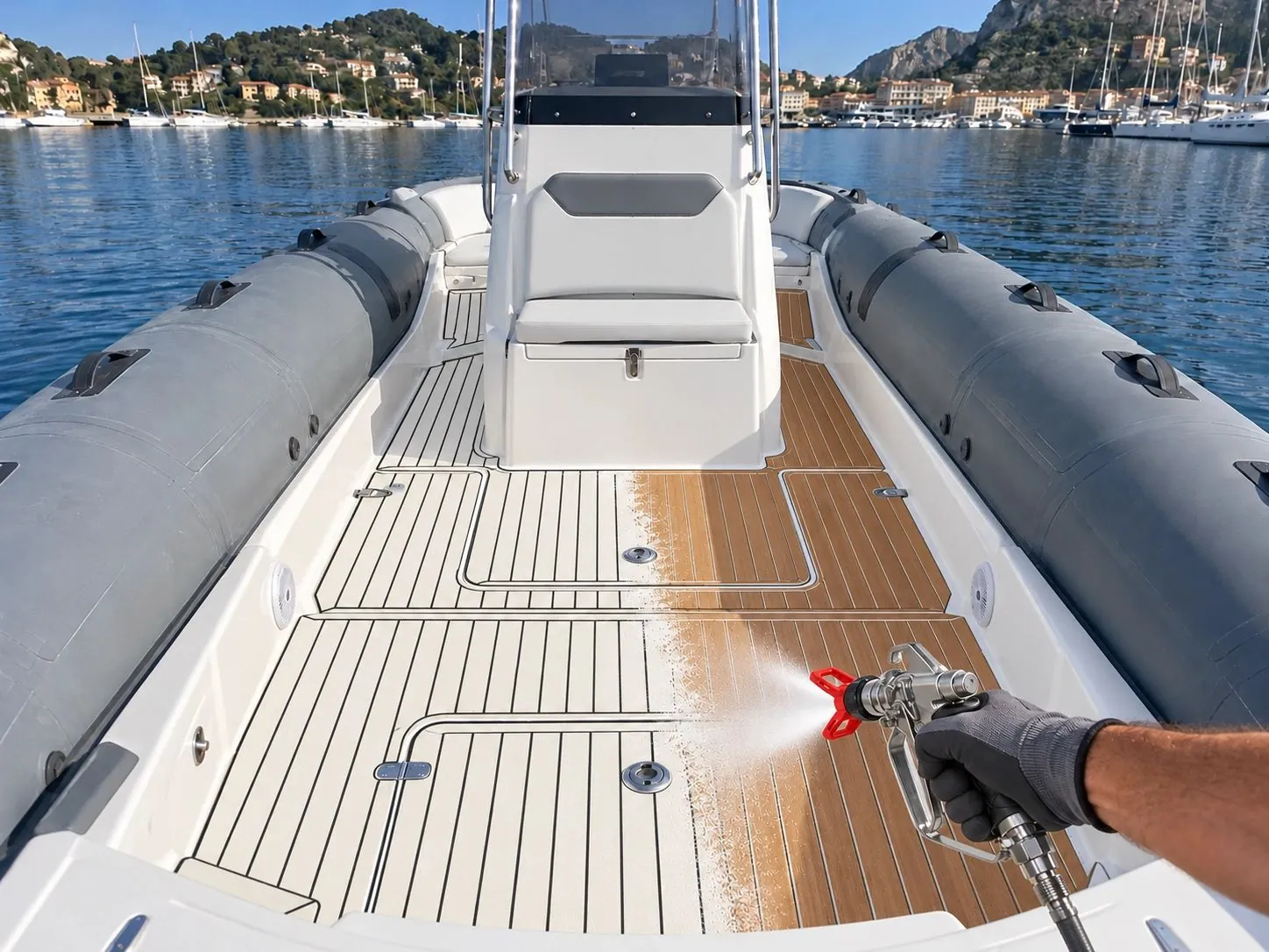 During spray installation: Walking surfaces, side decks and boarding platforms of the inflatable boat