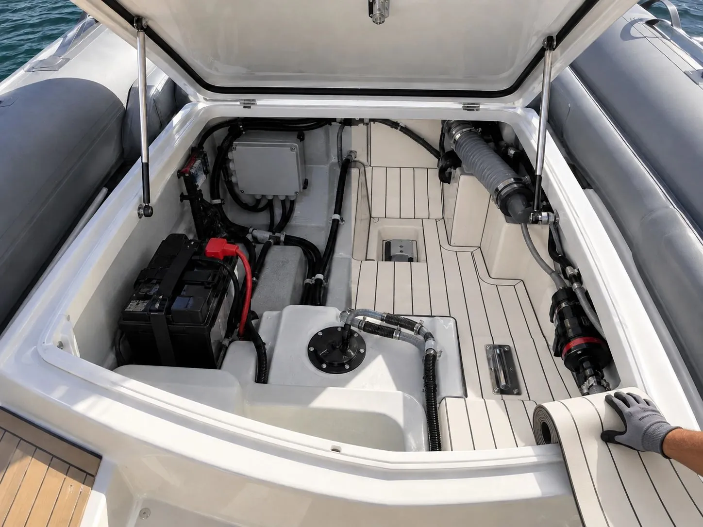 During roll installation: Lockers, console and technical compartments of the inflatable boat
