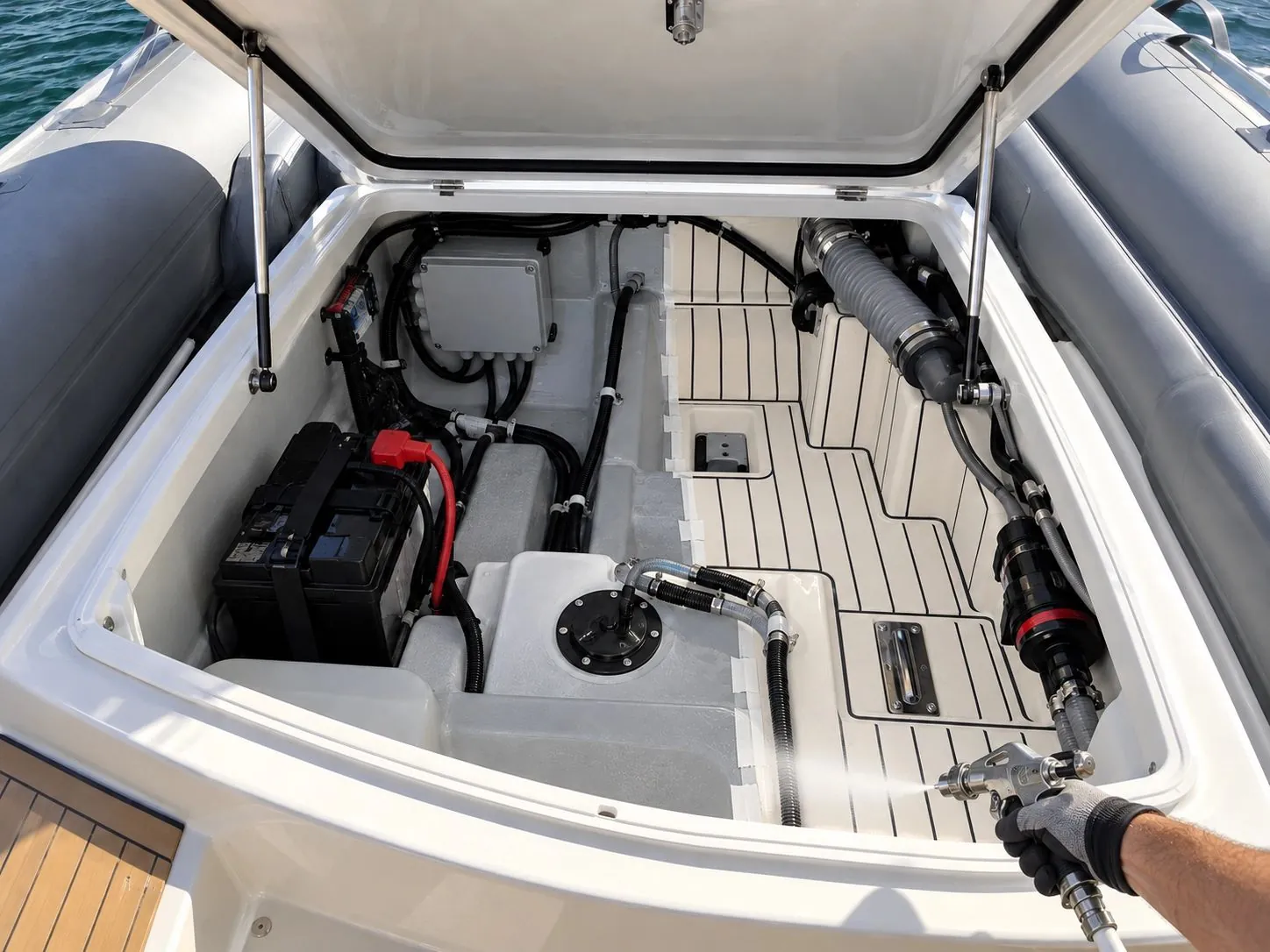 During spray installation: Lockers, console and technical compartments of the inflatable boat