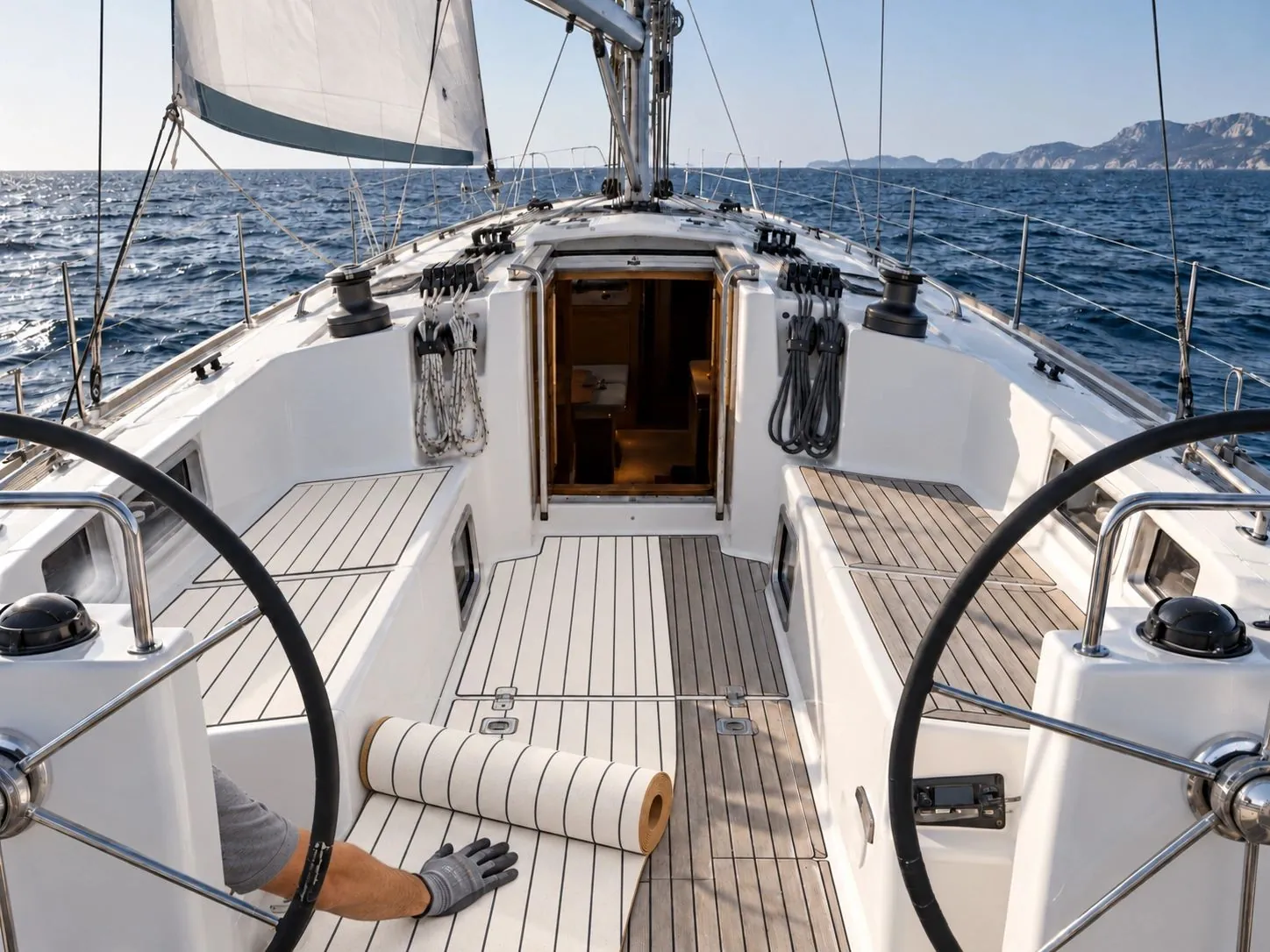 During roll installation: Sailboat cockpit and walking surfaces