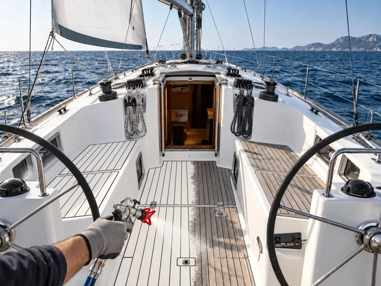 During spray installation: Sailboat cockpit and walking surfaces