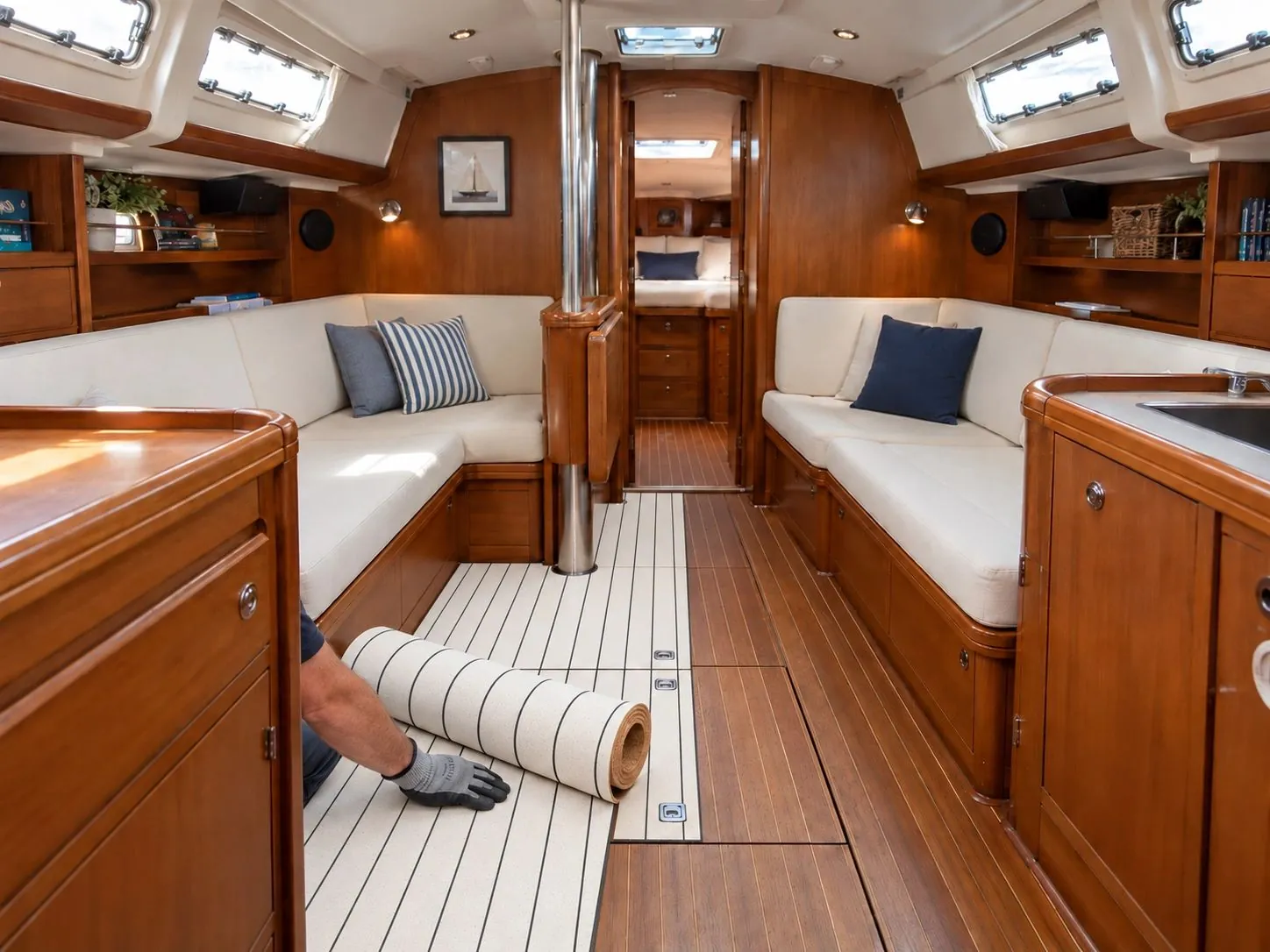 During roll installation: Sailboat interior cabin