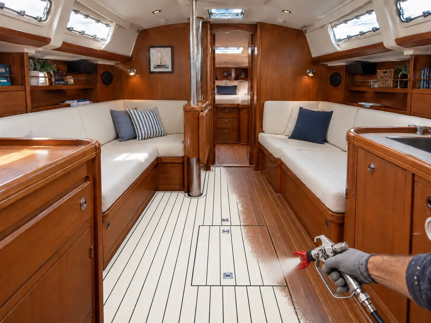 During spray installation: Sailboat interior cabin
