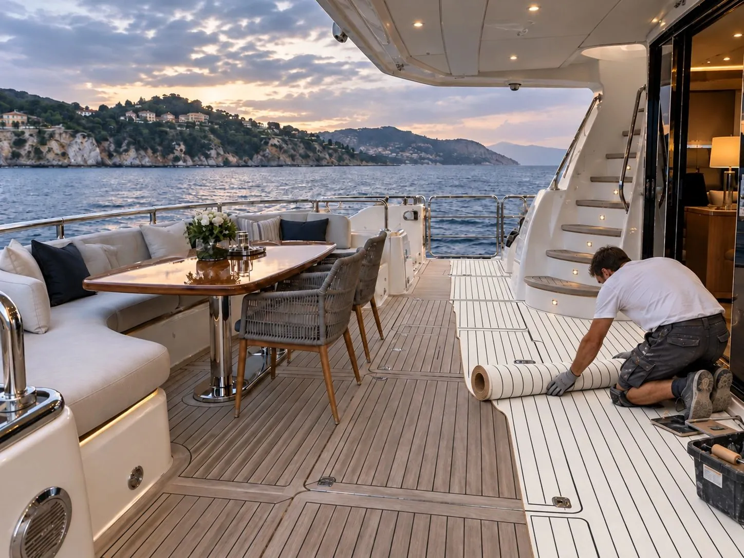 During roll installation: Yacht deck and exterior surfaces