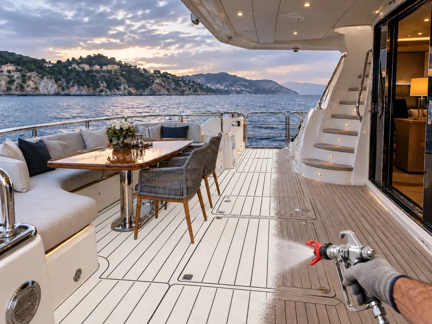 During spray installation: Yacht deck and exterior surfaces