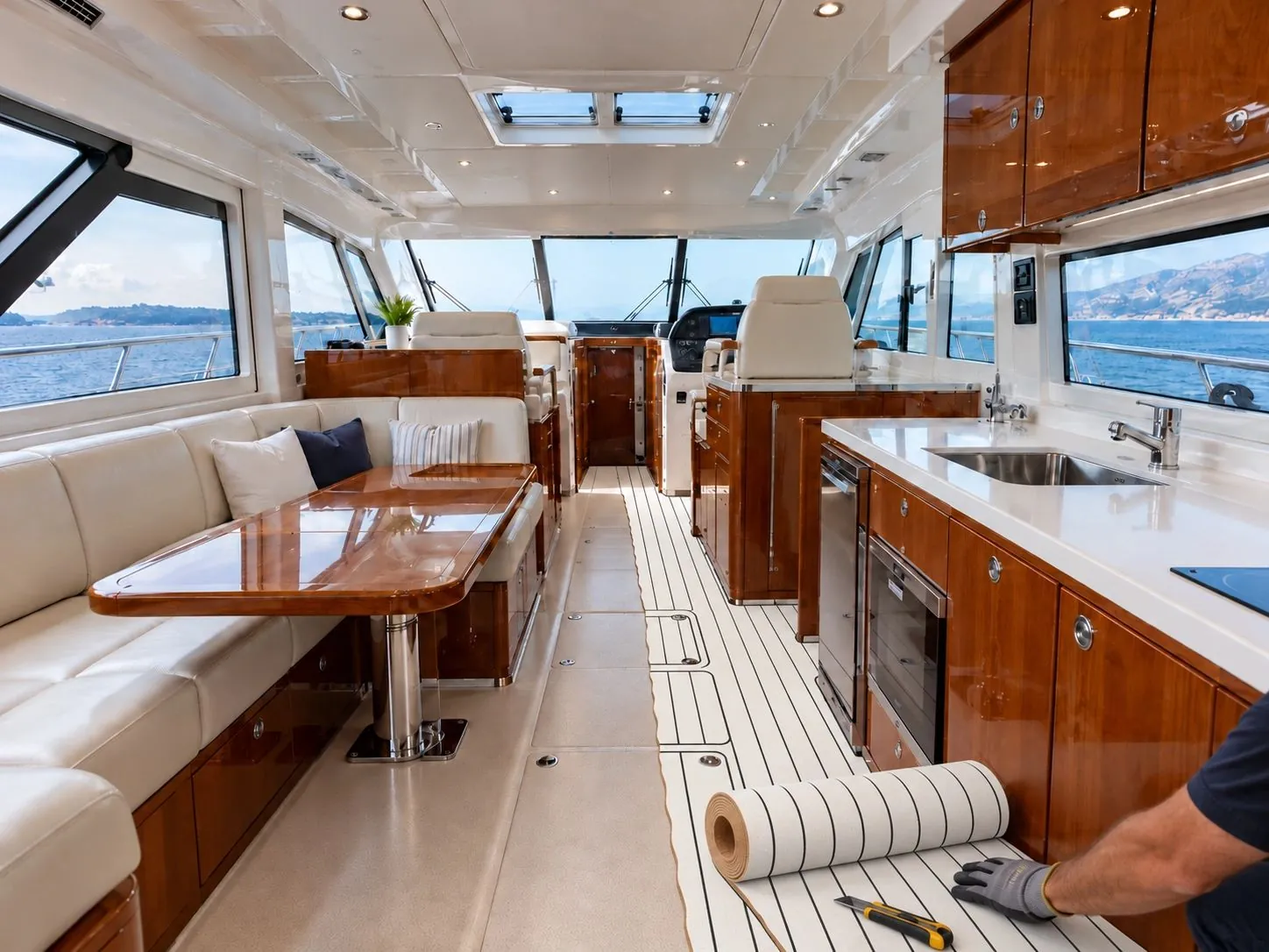 During roll installation: Yacht saloon and interior flooring